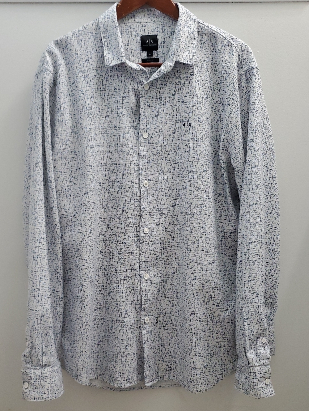 A/X Armani Exchange Button Up White Shirt with Navy Micro-Pattern Size XL